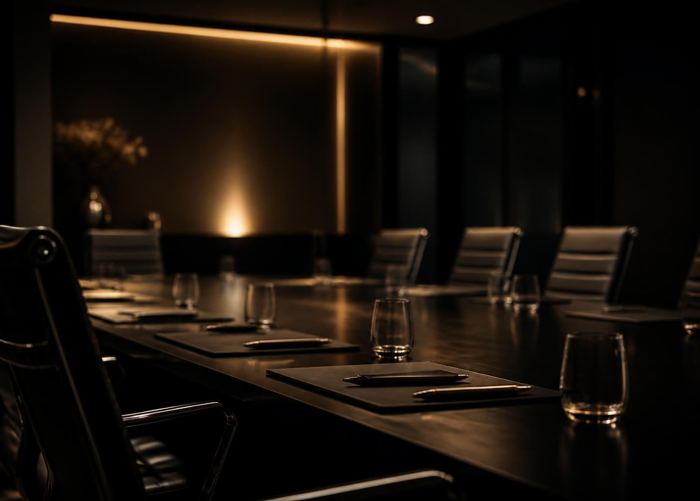 A quiet boardroom lit in warm low light